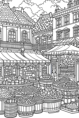 A coloring page of A bustling village market with gingerbread houses serving as shops, surrounded by intricate stalls selling sweets and holiday treats, a bold ink line sketch drawing illustration.