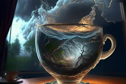 Storm in a glass tea cup, photorealistic, Dramatic Lighting. Lightning shooting both inside and out of the cup. Otherworldly atmosphere, intricate details, highly detailed, Artgerm elegant extremely detailed fantasy 8k masterpiece fantastic view crisp quality Jacek Yerka Alexander Jansson Kevin Sloan