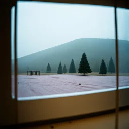 A polaroid photo of an odd room with structures. A transparent tarpaulin covers an image. There is a group of fir trees in the background and a high hill in the distance. The surface below is in a pastel color. Fog is present.
