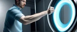 scared man sticks his arm into teleportation device portal for testing