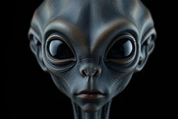 upper body shot of a super black skin alien, full head, 40 years old, looking at the camera, super big head, super big black eyes, small mouth, no ears, total black skin. photo real, hyperrealistic, high dynamic range, rich colors, lifelike textures, 8K UHD, high color depth. neutral dark background.