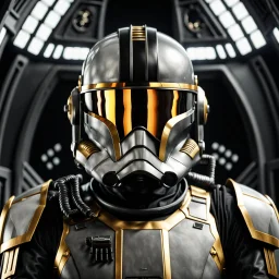 star wars bald male corellian pilot wearing gunmetal grey and black First Order special forces TIE pilot armored flightsuit and helmet with gold trim inside the jedi temple, centered head and shoulders portrait, hyperdetailed, dynamic lighting, hyperdetailed background, 8k resolution, volumetric lighting, light skin, fully symmetric details