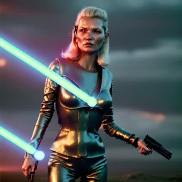 Ultra Realistic retro sci-fi movie war scene, waist up view portrait, blonde Jedi woman pointing a gun, sweet Kate moss face, perfect iris, glow eyes, makeup, weapon. Drones background, Retro sci-fi style, helmet, tight latex coat, fog, rain, soft color, highly detailed, unreal engine 5, ray tracing, RTX, lumen lighting, ultra detail, volumetric lighting, 3d, finely drawn, high definition, high resolution.