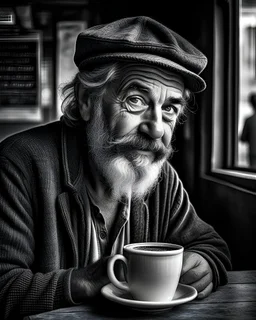 As you enter the coffee shop, you notice an enigmatic figure, a weathered man in his 50s with wise eyes and a knowing smile. Describe the encounter and capture the essence of the profound life lessons he imparts.