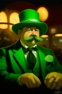 Fat greenlantern burguese mustache at the casino oil canvas.