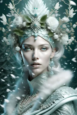 Beautiful silver and. Light blue, gradient green Leaves winter queen portrait, adorned with textured snow flakes, snowy greem mistletoe and pine leaves rococo style headdress wearing organic bio spinal ribbed detail of bioluminescence botanical rococo style costume, white camelia floral baclground, Golden dust and snowflake extremely detailed, textured hyperrealistic maximálist concept art