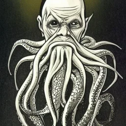 Cthulhu with white skin and a beard made of tentacles as a Russian Orthodox nosferatu vampire with yellow eyes and vampire fangs