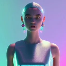 A portrait of a crystalised girl,smiling, longs hairs, atmospheric, realistic, cinematic lighting, octane render, pink turquoise light, 8k