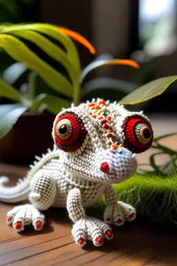 high quality product photo of a crochet tokay gecko with red eyes. Scary but cute