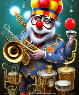 mechanoid happy old friendly fat clown with trimmed beard playing jazz with a steampunk theme, trumpet, realistic