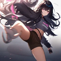 Clear focus,High resolution, Black long fluffy hair, long bangs, and pink eyes, Depressed girl, wearing a crop top, brown raggidy shorts, short black fingerless gloves, Concept art, Kicking pose