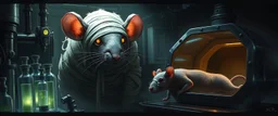 1️⃣ Lab Escape "A giant mummy rat with tattered bandages and glowing intelligent eyes hides among metallic lab equipment and glowing vials in a dim futuristic laboratory. Another giant rat lies in a stasis pod nearby, faintly illuminated. Dramatic chiaroscuro lighting, deep shadows, realistic fur and textures, atmosphere tense and cautious."