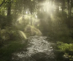 a small river with sunlight reflecing in it flowing through a serene forest, highly detailed, unreal engine, octane render, beautiful composition