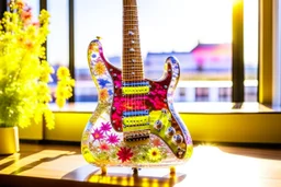 A lovely clear transparent resin guitar with wildflower design in a modern room in sunshine