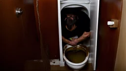 Hotel room toilet full of sewage overflows while man tries to still defecate into it