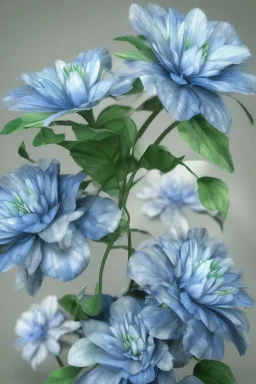 a bunch of blue flowers with green leaves, a digital rendering by Kanzan Shimomura, cgsociety, photorealism, rendered in maya, daz3d, photorealistic