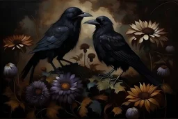 vintage oil painted of dark flowers with a raven on dark background