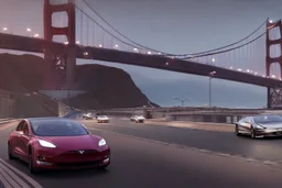 A Tesla 'Model S' is racing at top speed, on the 'Golden Gate' bridge. (CINEMATIC, WIDE ANGLE LENS, PHOTO REAL)