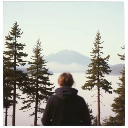 A polaroid photo of a group of fir trees in the background and a high hill in the distance. A lake. The surface below is in a pastel color. Person. Fog is present.