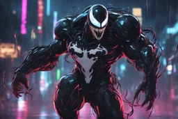 Venom with Body parts mechanism in 8k cyberpunk anime draw style, cyberpunk them, neon effect, rain, close picture, highly detailed, high details, detailed portrait, masterpiece,ultra detailed, ultra quality