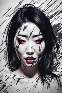paper portrait of Goth Asian woman, lying pose, face distorted with pain, reverse colors, screaming, tears streaming from eyes, glitchcore, horror, ultra realist texture,