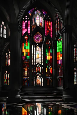 A dark city in the distance, set within a dome of dark marble and stained glass windows, gothic