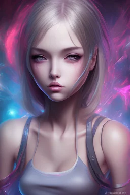 Realistic misterious Anime girl close and personal in warm abstract background