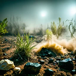 A striking quality Kodak photograph captures a wasteland with liquid and a group of plants, odd figure, creepy, details of the dust abd liquids very accentuated, glossy organic mass, adorned with minerals and rocks. Bathed in intense light, eerie, Max Ernst style, white sun, fog