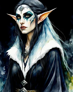 watercolor oil illustration ,beautiful female elf,wanderer, vagabond, renegade, face painted half black, long black hair, ritual scars, black robes, otherworldly nightmare forest, in the style Jean Baptiste Monge, and Ivan Shishkin, highly detailed hair and facial features, light reflections, deep colors, volumetric lighting, polished, masterful surrealism, cel-shaded, finely lined, precisely drawn, high definition