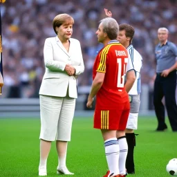 Angela Merkel in a referee jersey officiating for a soccer match at Wembley Stadium