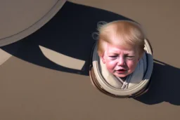 Looking down closely at a Large baby carriage on a sidewalk. There is a baby inside the carriage. The baby looks like A young Donald Trump