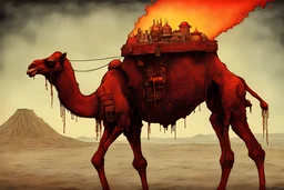 gloomy image of surreal steampunk cyberpunk a scary Giant Camel robot with volcano explosion on camel back,a red mixed yellow liquid Maxma fire-foams air-bubbles spilling and melting down from it ,solar system background,in the style of tim burton, john kenn mortensen and leonora carrington, bizzarre, wacky, mixed media, surrealism painting, a journey into my imagination, detailed, elegant, intricate, 4 k, scary painting