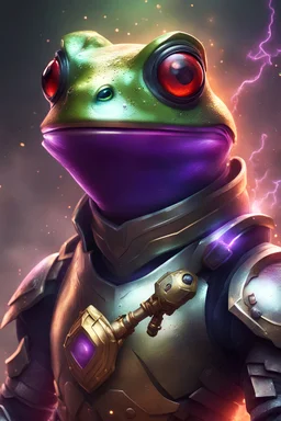 Frog Green Soldier Portrait Glow big red eye Gold Armor warrior fire Robotic lightning Silver Purple Smoke Dust 16k detailed epic future water sword