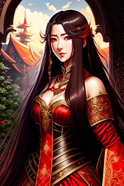 woman with long brown hair and red eyes, medieval concubine, anime style, highly detailed, intricate background, red and black clothes, confident, arrogant