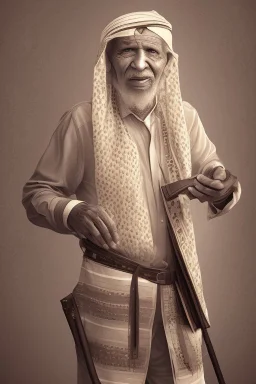 An old man wearing an Arabic keffiyeh, his back bent, walking barefoot, holding his cane upside down, looking back and holding his shoe in his hand.