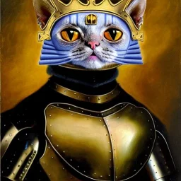 oil painting of a beautiful symmetrical cat with armor,wearing crown XV century, by El Bosco, Leonardo da Vinci, Goya 8k