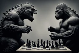 a Godzilla and king kong playing a game of chess