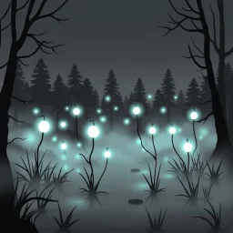 Make black and white cute drawing of a Will-o’-the-Wisp with black bold lines. Only outline, no grayscale. A group of glowing, floating lights in soft blues and greens, dancing over a foggy, enchanted swamp. Add a silhouette of a mysterious forest in the background to set the scene.