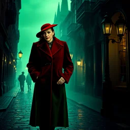 Vintage 1930s European street scene: stylish couple in period fashion, woman in forest green coat with red hat, man in crimson overcoat and fedora. Atmospheric green mist, ornate street lamps, cobblestone pavement, Gothic architecture silhouettes. Film noir cinematography, dramatic chiaroscuro lighting --ar 3:2 --v 6.1 --stylize 750