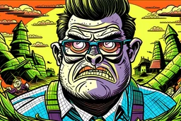 a monster attacks. ugly horn-rimmed cat eye spectacles. eyebrows tweezed. 600 pound androgyny hulking lumbering towering high above the landscape. best selling distinctive eye-catching precise photo real scale & proportions beautifully illustrated graphic novel cartoon comic book characters