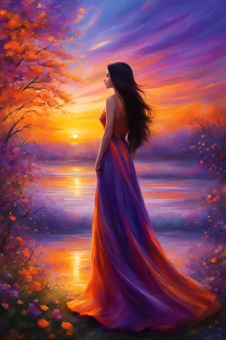 In hues of orange, purple, and gold, A girl, dark hair, her eyes so bold, Watching the sunset, with kindness untold, In this vibrant world, so beautiful, behold. Spring's breath whispers through the air, Painting nature in colors, beyond compare. Her soul shimmers, like the sky's vivid flair, A moment frozen, forever to share.