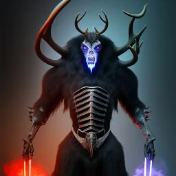 BEAST - Rendezvous,dark figure with scythe, full body, glowing eyes, grey mist, light rays, torch,no face, twisting antlers