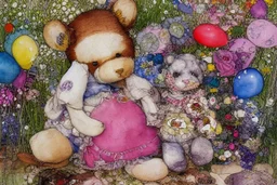 line art, watercolor wash, ( patchwork teddy bear sitting amongst flowers and balloons) brian froud style, carl larsson style, colourful palate, perfect composition, detailed background by daniel_merriamn summers day, studio photo, intricate details, highly detailed highly detailed elegant studio lighting intricate beautiful award winning crisp quality colourful very cute Daniel Merriam Daniel Gerhartz midjourney quality