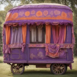 Old fashioned purple, orange and pink gypsy wagon decorated, curtains fluttering in the wind