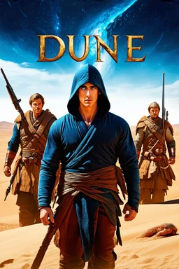 Movie 'Dune' aesthetic, double exposure movie poster featuring blue eyes mid-length haired hooded Paul Atriedes (Timothée Chalamet) leading Arrakis desert Fremen warriors, sand worm, cosmic background, modern movie poster composition reminiscent of Drew Struzan, artistic digital photography, sci-fi