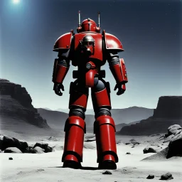 [high res photo by helmut newton] In the vast cosmic expanse, a lone Red Space Marine stands firm in gleaming power armor, a solitary sentinel ready for interstellar duty. Prepared for shipboard security and combat in the depths of space, this warrior embodies the fusion of futuristic technology and ancient warrior spirit. In a cosmic tableau of visionary artistry, the Red Space Marine symbolizes strength and determination in the endless expanse of the universe.