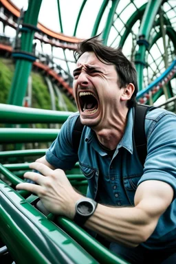 a guy in a roller coaster screaming and crying and vomiting