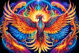 STICKER Vector Hivenly Phoenix ,Angel Psychedelic Surreal DMT Dimension with vibrant and kaleidoscopic visuals, otherworldly landscapes, intricate geometric patterns, ethereal beings, cosmic energy, glowing fractals, immersive depth of field, cinematic lighting, masterful digital painting by Alex Grey and Android Jones, 8k resolution,