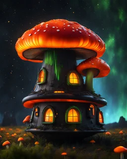 An illogical floating mushroom house on a clear moonless night. . Bright Bold Bright Colors, orange yellow green black, Starry Dark cosmic interstellar. Detailed Matte Painting, deep color, fantastical, intricate detail, splash screen, hyperdetailed, insane depth, concept art, 8k resolution, trending on Artstation, Unreal Engine 5, color depth, backlit, splash art, dramatic, High Quality Whimsical Fun Imaginative Bubbly, perfect composition
