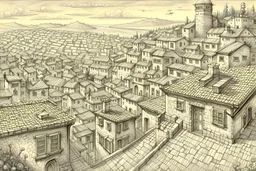 Pencil drawing of the streets in a small but lofty walled city overlooking the lush countryside